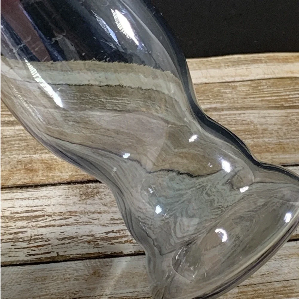 Hand Blown Art Glass Vase Pink Ruffled Fold Over Rim Clear Pedestal Base MCM
